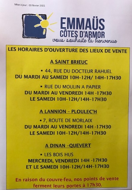 Horaires – EMMAUS 22 – Côtes-d'Armor